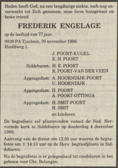 overlijdensadvertentie frederik engelage - 1 on 30 Nov 1986.